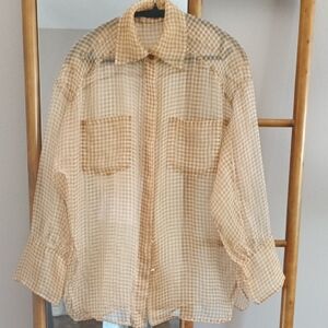 Silk Organza Checkered Gingham White And Mustard Light Academia Blouse Size S